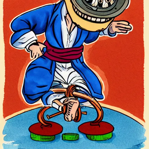 Prompt: cute and funny, mad monk in robe, spinning a large wheel, ratfink style by ed roth, centered award winning watercolor pen illustration, isometric illustration by chihiro iwasaki, the artwork of r. crumb and his cheap suit, cult - classic - comic,