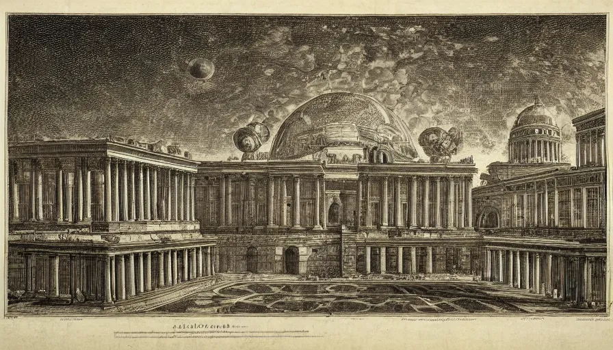 Image similar to a huge square with esoteric building with spheres, by piranesi, high quality, high detailed