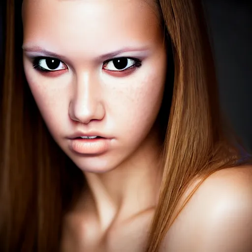 Image similar to photo portrait of very beautiful model face looking at camera, realism, extreme detail, key art, hard flash, photo by greg rutkoski, photoshoot