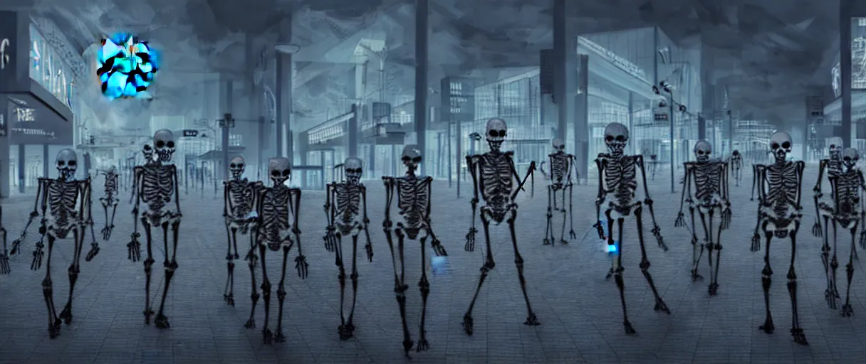 Image similar to hyperrealistic skeleton army mall in background ute osterwald jason limon concept art dramatic blue lighting wide angle hd 8k sharp shallow depth of field