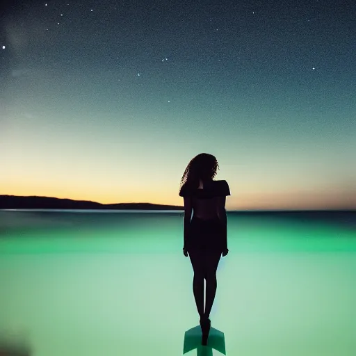 Image similar to beyonce standing on a raised translucent platform in the middle of the sea, night time with milky way in the sky. cinematic, 3 5 mm film, sharpness, nostalgic and melancholic 4 k, 8 k