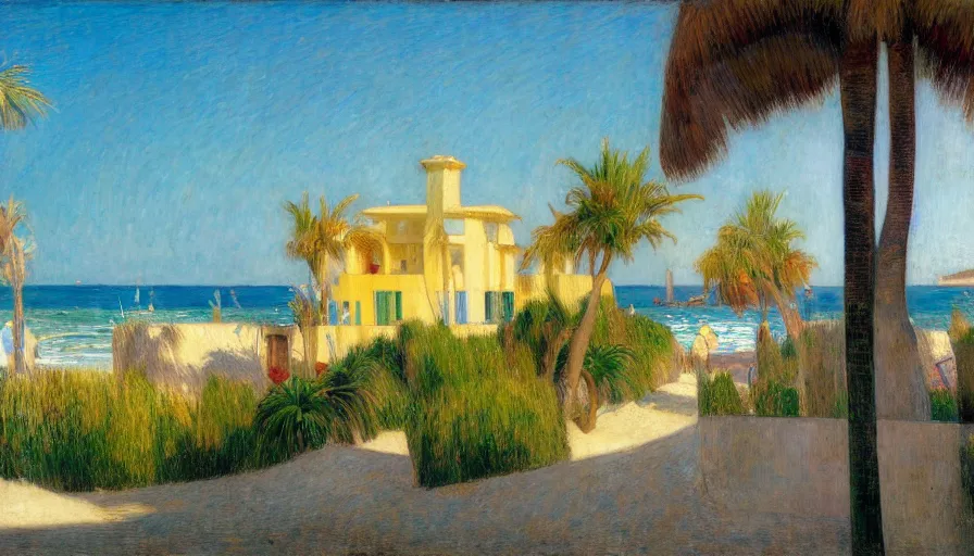 Image similar to a house designed by jules bastien - lepage, tarsila do amaral, frank weston and gustave baumann, beach, trending on artstation, mediterranean, palm trees, sharp focus, colorful refracted sparkles and lines, soft light, 8 k 4 k