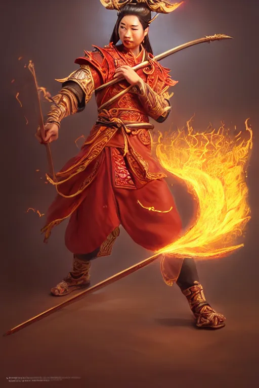 Prompt: charming nezha, highly detailed, man holding spear, flame everywhere, epic pose, masterpiece chinese fantasy character portrait, highly detailed, digital painting, trending on artstation, concept art, sharp focus, illustration, global illumination, ray tracing, realistic shaded, art by artgerm and greg rutkowski and fuji choko and viktoria gavrilenko and hoang lap