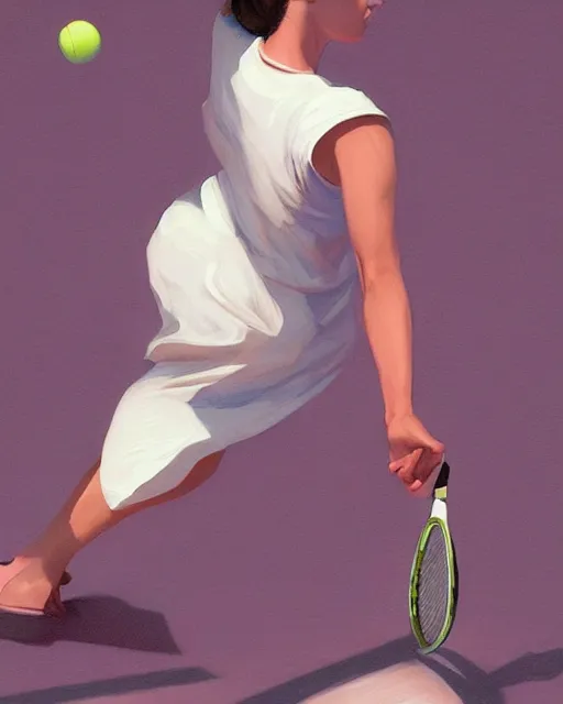 Image similar to woman playing tennis painted by George Tooker volumetric lighting, back lighting, rimlight, dramatic lighting, digital painting, highly detailed, artstation, sharp focus, illustration, Artgerm, Jean-Léon Gérôme , ruan jia