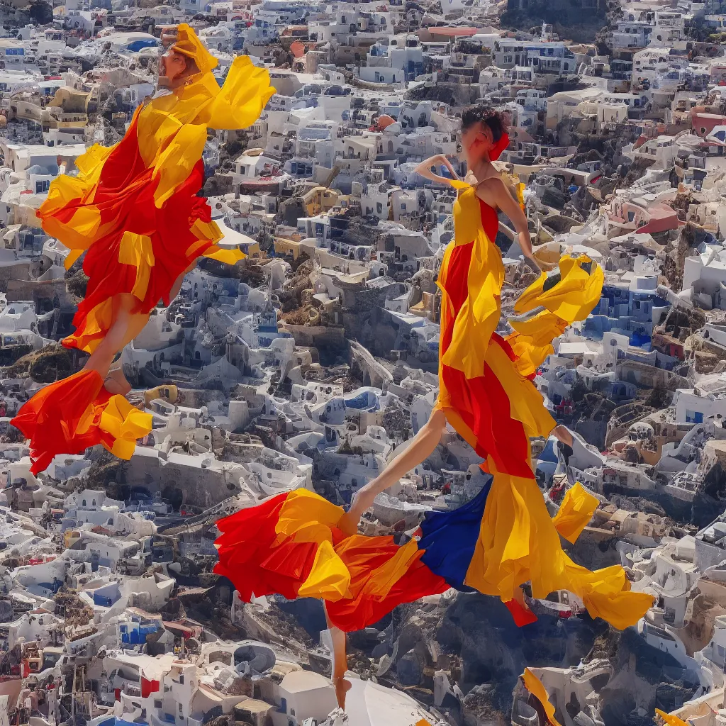 Image similar to beautiful modern dancer wearing a red and yellow and blue swirling dress, standing on a Santorini terrace looking at the ocean, artstation, cinematic, hyperrealistic, octane render, dynamic lighting