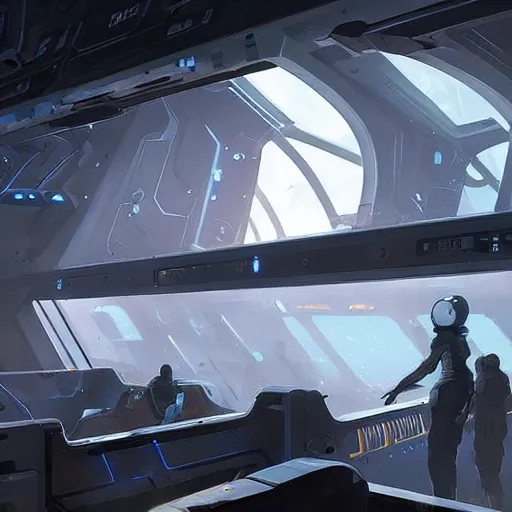 Prompt: scifi art by Greg Rutkowski, the ship's bridge deck, full of screens and holographic maps with a large window looking into space, functional and elegant look, but minimalist, and a bit dark, claustrophobic and futuristic environment, detailed and intricate environment, high technology, highly detailed portrait, digital painting, artstation, concept art, smooth, sharp foccus ilustration, Artstation HQ.