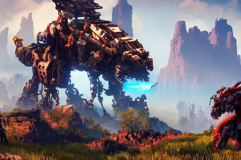 Image similar to behemoth machine mecanical creature robot of horizon forbidden west horizon zero dawn bioluminiscence global illumination ray tracing hdr fanart arstation by sung choi and eric pfeiffer and gabriel garza and casper konefal