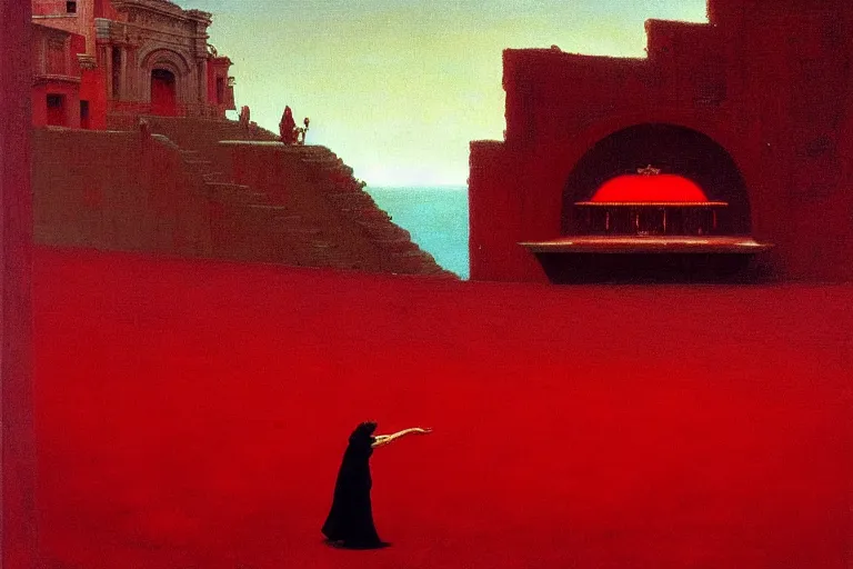 Image similar to only with red, a red melted emperor, taormina amphitheatre, crowd hails him, in the style of beksinski, parts by edward hopper, parts by rodcenko, parts by yue minjun, intricate and epic composition, red by caravaggio, insanely quality, highly detailed, masterpiece, red light, artstation, 4 k