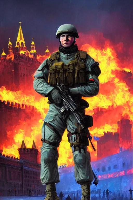 Image similar to special forces soldier with ukrainian blue and yellow shoulder patch watches red square kremlin burn in the background, d & d, fantasy, bright atmosphere, volumetric lights, intricate, elegant, extremely detailed, digital painting, artstation, concept art, matte, smooth, sharp focus, hyper realistic, illustration, art by artgerm and greg rutkowski and alphonse mucha