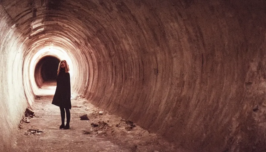 Image similar to portrait of a white female phantom with a hole in the forehead in an empty soviet tunnel, cinestill 800t 35mm, heavy grain, high quality, liminal space style