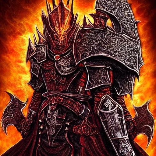 Image similar to double portrait the great death knight dark souls in golden red armor made of polished dragon bones looks relaxed, quantum physics, victorian era