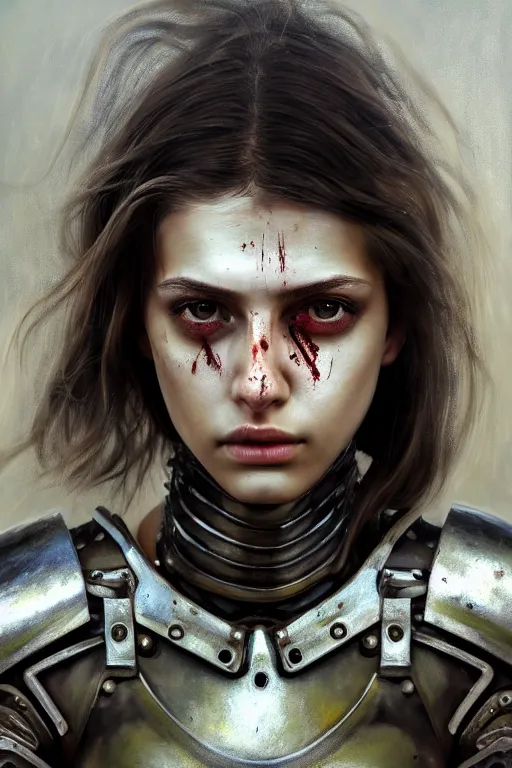 Image similar to a photorealistic painting of an attractive young girl, partially clothed in dirty metal-plated battle armor, a tiny spot of blood, olive skin, long dark hair, beautiful bone structure, symmetrical face, perfect eyes, intricate, elegant, digital painting, concept art, illustration, sharp focus, minimal artifacts, volumetric lighting, from Metal Gear, in the style of Ruan Jia and Mandy Jurgens and Greg Rutkowski, trending on Artstation, award winning