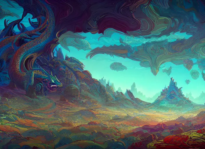 Image similar to psychedelic concept art of a dragon landscape made of thousands of spiraling dragons, cel shaded, in the style of makoto shinkai and moebius and peter mohrbacher and anton fadeev