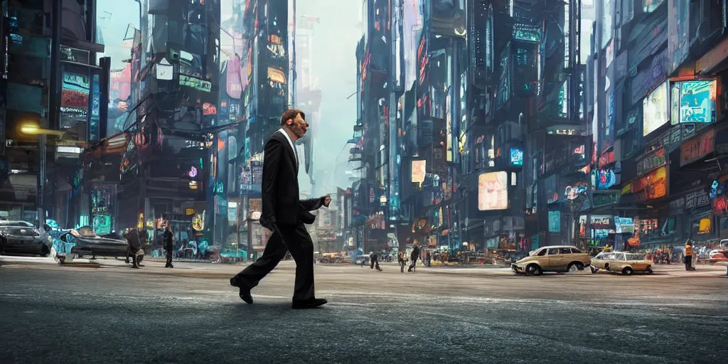 Prompt: sasquatch in a suit walking along the sidewalk of a cyberpunk city surrounded by people and cars, hyper realistic