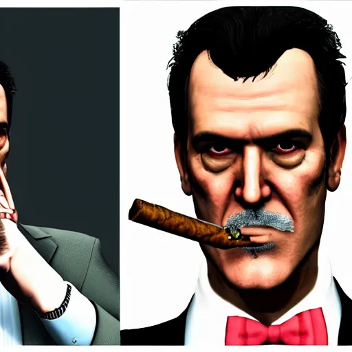 Image similar to portrait of bruce campbell dressed in a tuxedo smoking a cigar. gta v graphics