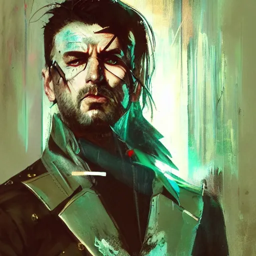 Image similar to Sadpunk Judas Magician Portrait portrait portrait Dungeon Interior Man MetalgearSolid TheWitcher3wildhunt Cover Art Face Head Eyes Snack Pilot Wearing Opalescent Vest Gilles Ketting Kuvshinov Ilya Ismail Inceoglu Arnold Bocklin Jakub Rebelka dug stanat Anime Brushstrokes Oil Painting Impasto