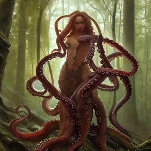 Image similar to photo of a humanoid octopus hybrid were a heroic dress an armour in the forest, @ @ lenin face @ @, long hair, highly detailed, digital painting, artstation, smooth, sharp focus, illustration, art by artgerm and greg rutkowski and alphonse mucha