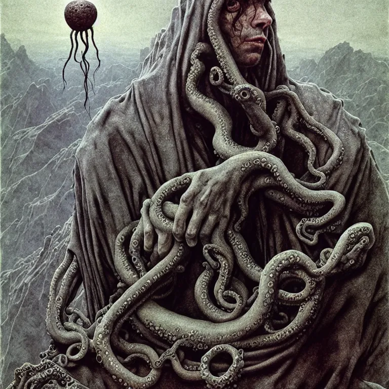 Prompt: A detailed gray-eyed tentacleheaded human stands among the mountains with a pebble in hands. Wearing a ripped mantle, robe. Extremely high details, realistic, fantasy art, solo, masterpiece, art by Zdzisław Beksiński, Arthur Rackham, Dariusz Zawadzki