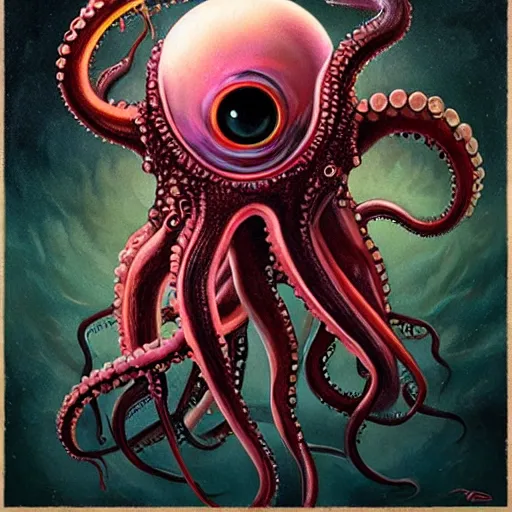 Image similar to queen octopus with a giant eyeball pearl head by Anato Finnstark, Tom Bagshaw, Brom