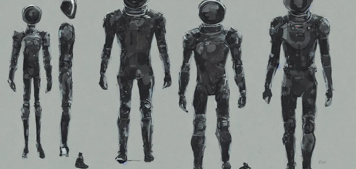 Image similar to male, full body, space suit with a modern helmet, large shoulders, short torso, long thin legs, tiny feet, character sheet, science fiction, very stylized character design, digital painting, by mike mignola, by alex maleev, jean giraud