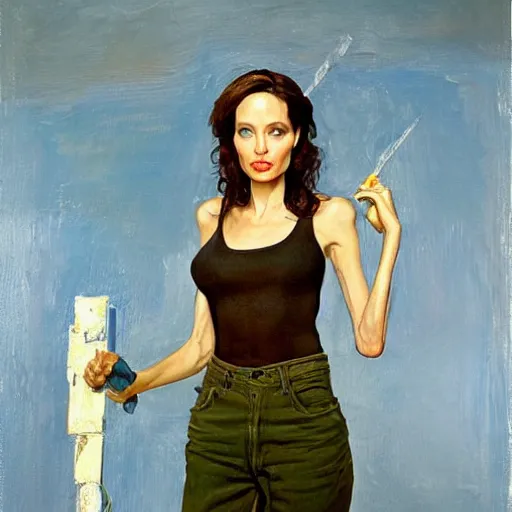 Prompt: oil painting of full - body angelina jolie posing as housepainter by alexander nikolayevich samokhvalov ну или norman percevel rockwell from 1 9 3 0 s