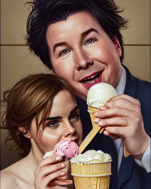 Image similar to Portrait of Michael Mcintyre & blonde Emma Watson eating ice creams in Porto,real life skin, intricate, elegant, highly detailed, artstation, concept art, smooth, sharp focus, art by artgerm and greg rutkowski and alphonse mucha