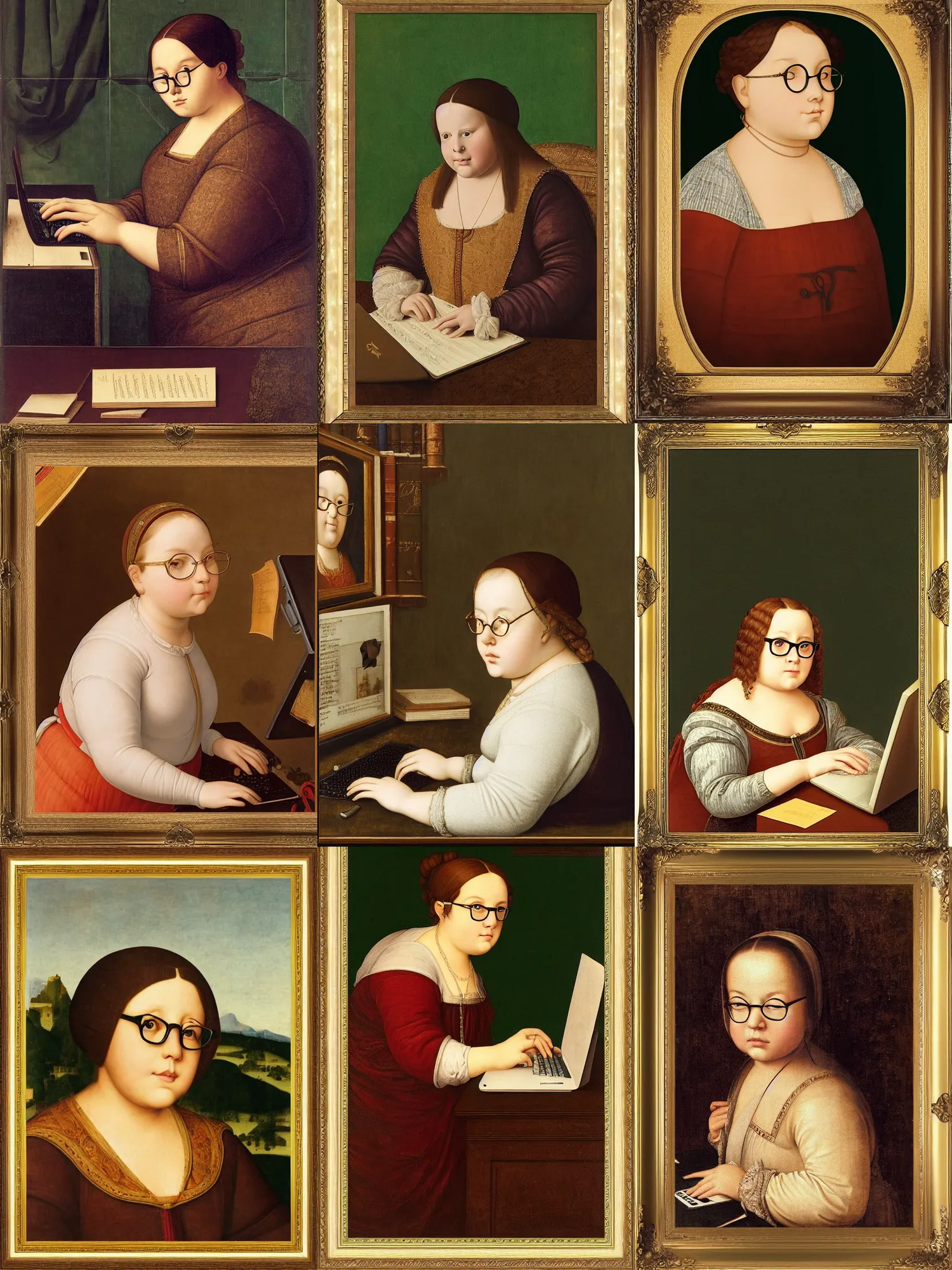 Prompt: a chubby girl with glasses typing on a computer, renaissance, side portrait, golden frame