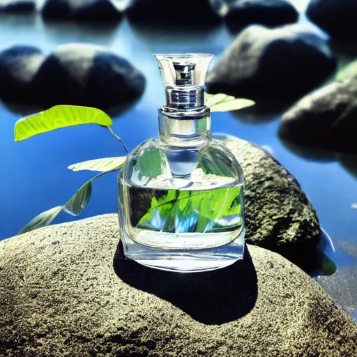 Image similar to perfume bottle sitting on a pile of rocks in the middle of a blue lake, close up shot, upfront, surrounded by tropical leaves, blurred tropical background, softly - lit, soft - warm, zen, light, modern minimalist f 2 0 clean