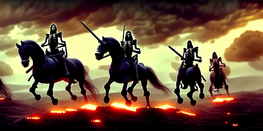 Image similar to ”four horsemen of the apocalypse riding skeleton horses towards the camera [epic, cinematic, scary, intimidating, horror, war, battle, hell, storm clouds, lightning, octane render, 8k, mattepainting, art by wlop and paul lehr and greg rutkowski]”