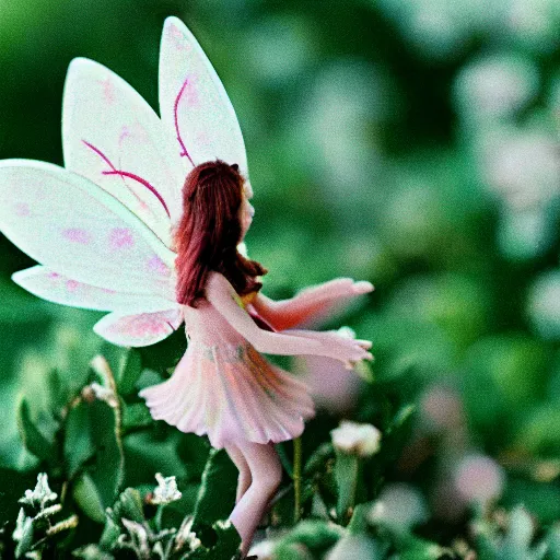 Prompt: 100mm macro photo of a fairy on a flower shot on 35mm film