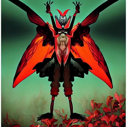 Image similar to 4K headshot of mothman with a mushroom hat and rouch clothes with giant wings , intricate face , flawless anime cel animation by Manabu Oshashi and Satoshi Kon, professionally post-processed , beautiful, scary, symmetry accurate features, epic, octane rendered, anime masterpiece, accurate