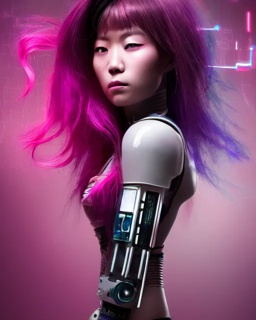 Prompt: portrait of a beautiful asian woman with pink hair as a cyberpunk cyborg half robot, revealing wires and electronics, sci - fi, missing panels, intricate abstract upper body intricate artwork, concept art, octane render, deviantart, cinematic, key art, hyperrealism, iridescent accents, portrait photograph, nikon 3 5 mm, photograph by greg rutkowski