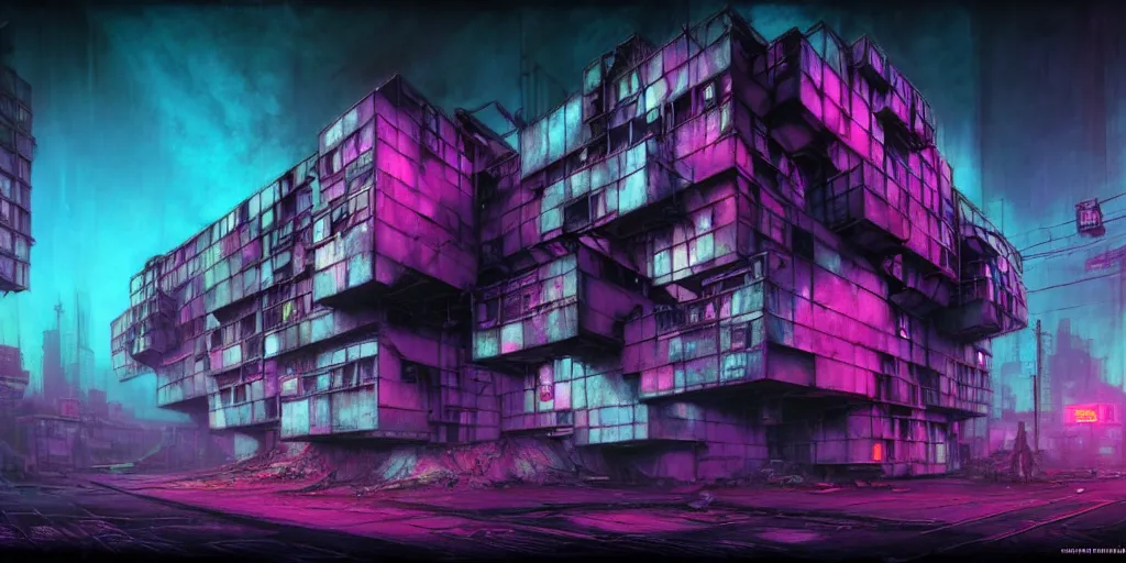 Image similar to concept art, octane render, a brooding, decrepit dystopian city, reflections, volumetric neon lighting, dramatic, cyan magenta white neon glow, 8 k, ultra - hd, insanely detailed and intricate, hypermaximalist, brutalist habitat 6 7, elegant, ornate, by gerald brom, by syd mead, akihiko yoshida, doug chiang, cinematic