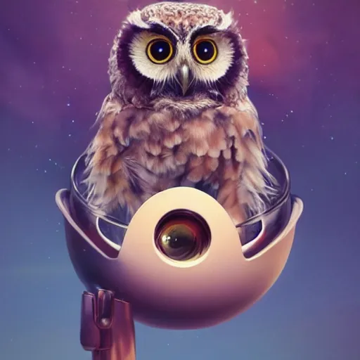 Image similar to long shot of a very cute owl chick nesting in a very futuristic cup, esao andrews, humorous illustration, hyperrealistic, big depth of field, warm colors, night scenery, low light, 3 d octane render, 4 k, conceptart, hyperdetailed, hyperrealistic, trending on artstation