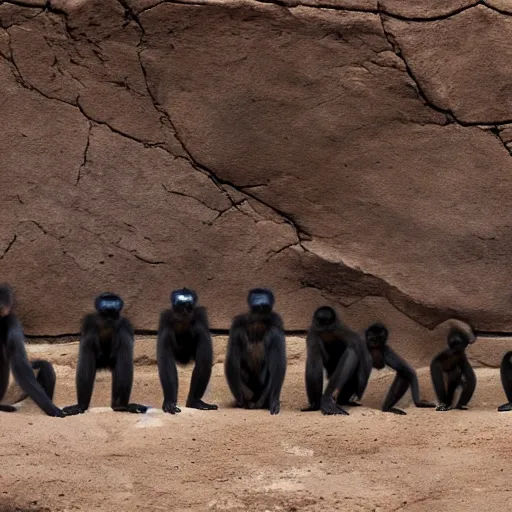 Image similar to Contamporary art photography of ultra mega super hyper realistic detailed group of monkey's that wears suits standing around very highly detailed Obsidian monolith in the desert