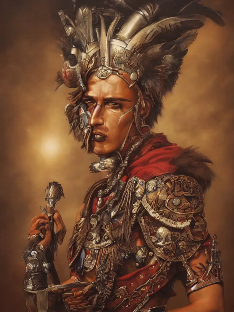 Image similar to Portrait of a Magical Aztec Warrior, by Tom Bagshaw and Manuel Sanjulian and Boris Vallejo, Hyperrealism