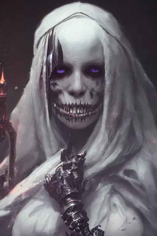 Image similar to a cute portrait of lady death eye by Greg Rutkowski, Sung Choi, Mitchell Mohrhauser, Maciej Kuciara, Johnson Ting, Maxim Verehin, Peter Konig, Bloodborne, macro lens, 35mm, 8k photorealistic, cinematic lighting, HD, high details, atmospheric,