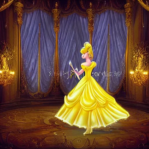 Image similar to cinderella dressed in the world's most beautiful yellow ballgown stands gracefully in the middle of a magical ballroom of a fairytale castle, spotlight on her. highly detailed fantasy art, ultra realistic, digital art, dreamy atmosphere and soft illumination