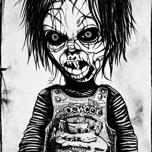 Prompt: grunge drawing of chucky in the style of tim burton | horror themed | loony toons style