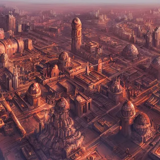 Image similar to Sprawling view of detailed fantasy city with greek architecture and intricate walls surrounded by a red desert; trending on artstation