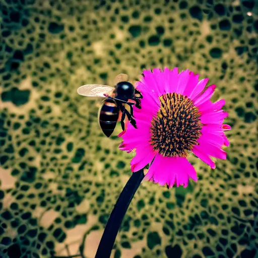 Image similar to macro shot of a robotic bee resting on a flower, global illumination