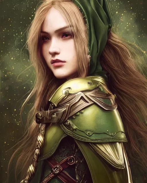 Image similar to a beautiful photo of a young woman, green elf ranger with long flowing hair and a green leather hood, elf ranger leather armor with olive green and brown colors and gold lining, young female face, cinematic top lighting, insanely detailed and intricate, face by wlop, Charlie Bowater, designs by zhelong xu and gustave doré, golden ratio, symmetric, elegant, ornate, luxury, elite, matte painting, cinematic, trending on artstation, deviantart and cgsociety, 8k, high resolution