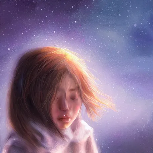 Image similar to girl crying, stars in the sky, cold weather, emotional oil painting, digital art, trending on artstation, by Yoshitaka Amano