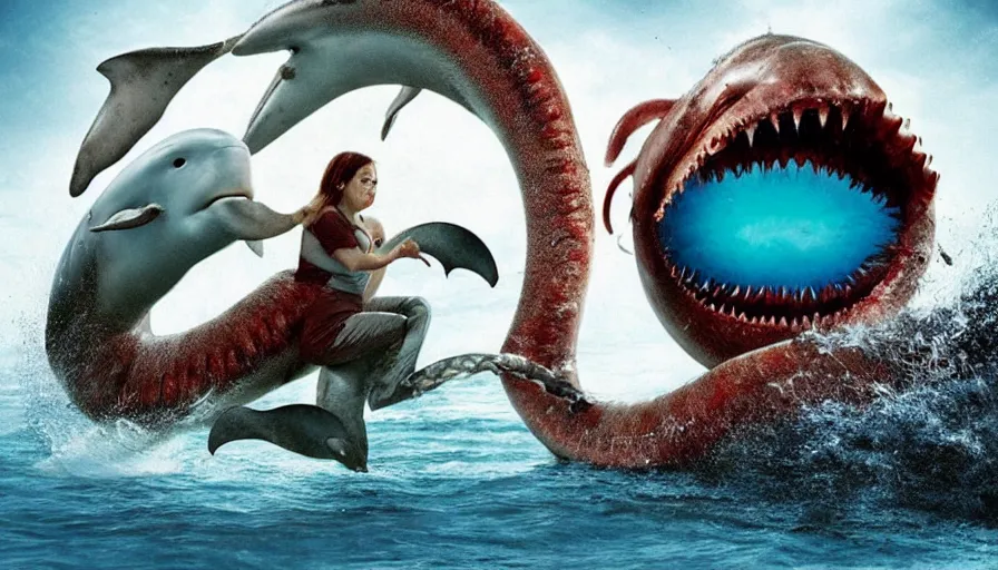 Prompt: big budget horror movie about a carnivorous giant cyborg earthworm attacking a robot dolphin