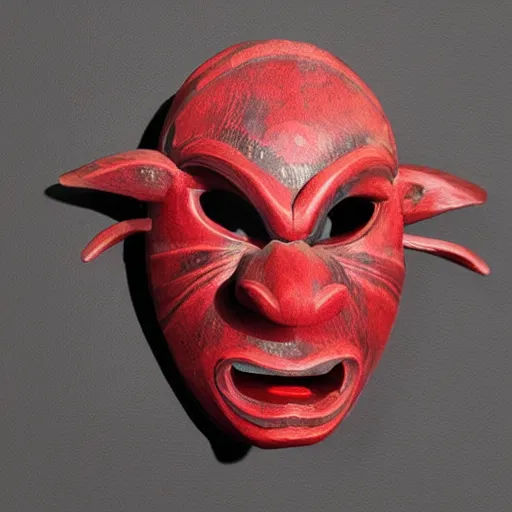 Image similar to “ wooden oni mask, red, reflective, realistic, highly detailed ”
