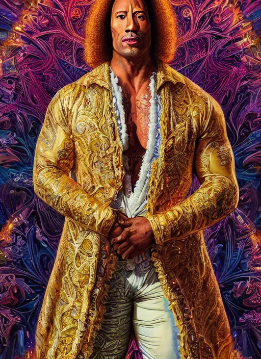 Image similar to beautiful oil painting, full body shot portrait of Dwayne the rock Johnson as Louis xiv in coronation robes 1701, Dan Mumford, Dan Mumford, Alex grey, Alex grey, highly detailed , lsd visuals, dmt fractal patterns, hallucinogen, visionary art, psychedelic art, ornate, vaporwave, baroque