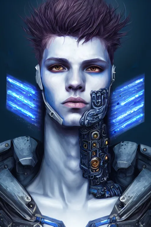 Prompt: portrait of beautiful young man, warhammer, cyber style, cyberpunk armor, a lot of more scars, more and more flowers, blue head, the middle ages, highly detailed, artstation, illustration, artgerm sylvari portrait, 8 k quality, art by gustav klimt