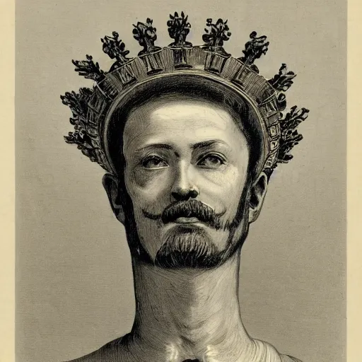 Image similar to a portrait of the head of a robot emperor with a crown of laurels ( c. 1 8 8 0 - 1 8 9 2 ) drawing in high resolution by otto eerelman