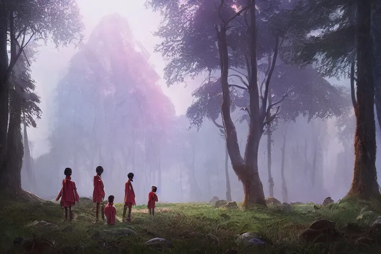 Image similar to kerala school kids wearing gender neutral uniform, an epic fantasy, dramatic lighting, cinematic, establishing shot, extremely high detail, photorealistic, cinematic lighting, artstation, matte painting by simon stalenhag, horizon forbidden west