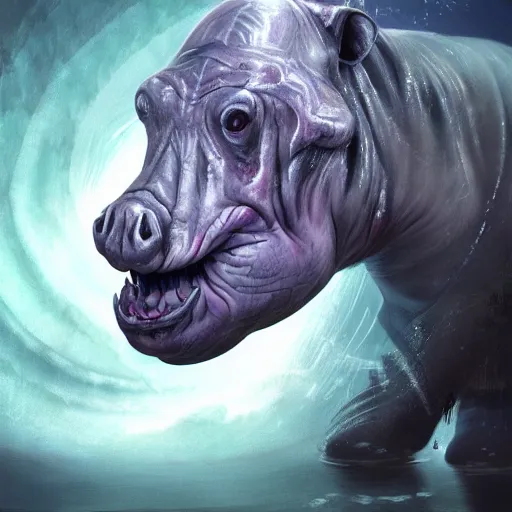 Image similar to a wlop 3 d render of very very very very highly detailed beautiful mystic portrait of a phantom undead hippo with whirling galaxy around, tattoos by anton pieck, intricate, extremely detailed, digital painting, artstation, concept art, smooth, sharp focus, illustration, intimidating lighting, incredible art,